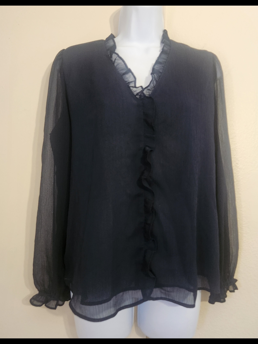 Ann Taylor Navy Ruffle V-Neck Sheer Long Sleeve Blouse